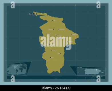 San Juan, municipality of Puerto Rico. Solid color shape. Locations and names of major cities of the region. Corner auxiliary location maps Stock Photo