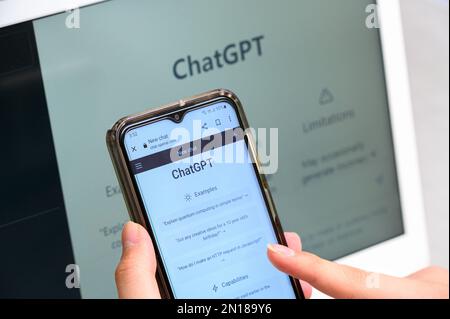 Seoul, South Korea - February 06, 2023 : A man looking for information using artificial intelligence ChatGPT Stock Photo