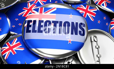 New Zealand and Elections - handmade electoral pinback buttons for advertising, campaigning and supporting New Zealand in Elections.,3d illustration Stock Photo