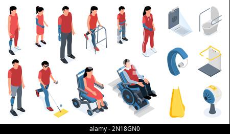 Disabled people using modern smart technology isometric icons set with prosthetic limbs nose eye wheelchair walkers hearing aid isolated vector illust Stock Vector
