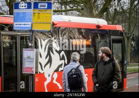 HENGELO - A bus passes waiting travelers at Delden station during a strike of regional transport and regional transport. Due to the strike, there are fewer or no buses outside the major cities. Trains from companies other than NS also do not run or run less often. With the strike, the employees are trying to reinforce their demands for better working conditions, including higher wages.ANP EMIEL MUIJDERMAN netherlands out - belgium out Stock Photo