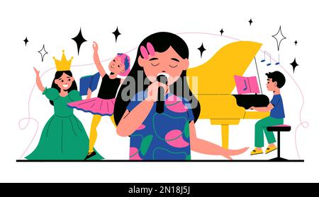 Children hobbies flat composition with boys and girls dancing singing playing piano and doing drama vector illustration Stock Vector