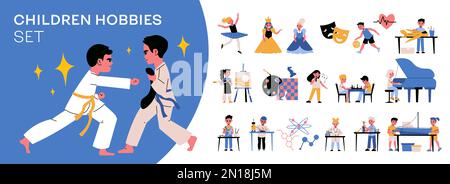 Creative hobbies flat big set with children having sports art dancing science robotics music classes isolated vector illustration Stock Vector