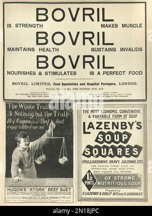 Page of Victorian newspaper adverts, Bovril, Atora Beef Suet, Lazenby's Soup Squares, 1890s, 19th Century Stock Photo