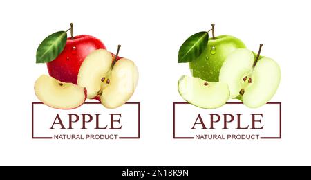 Realistic natural product labels set with fresh green and red apple isolated vector illustration Stock Vector