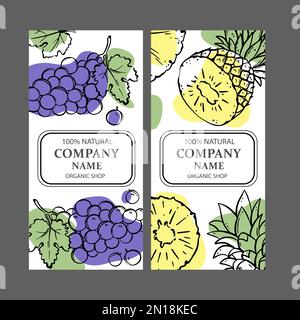 GRAPE PINEAPPLE LABELS Design Of Stickers For Shop Of Tropical Organic Natural Fresh Juicy Fruits And Dessert Drinks In Sketch Style Vector Illustrati Stock Vector