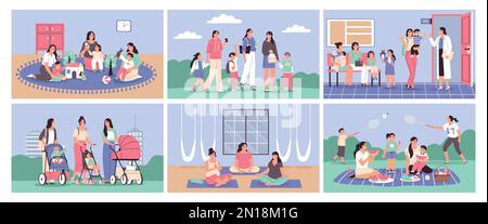 Mom baby group color set with pastime and activity symbols flat isolated vector illustration Stock Vector