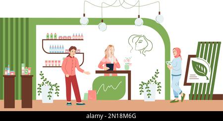 Exhibition with visitors flat composition with front view of eco cosmetic products booth with human characters vector illustration Stock Vector