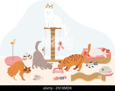 Cat accessories flat background with composition of multiple cats sitting on condo eating playing with toys vector illustration Stock Vector