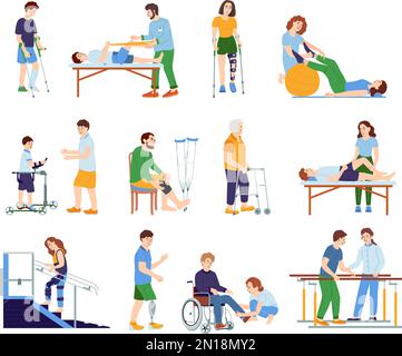 Orthopedic therapy rehabilitation set with flat isolated compositions of icons human characters of patients with physicians vector illustration Stock Vector