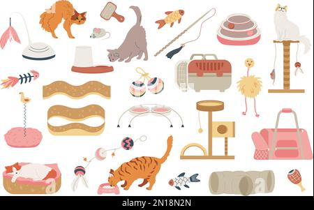 Cat accessories flat set of isolated icons with fluffy mouse toys condos baskets and pet carriers vector illustration Stock Vector