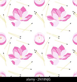 Pattern with Magnolia and Candles, fire and matches, pink color, spa treatments, aromatherapy. Vector illustration Stock Vector