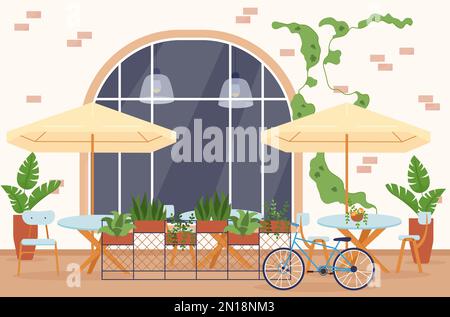 Modern eco cafe flat composition with outdoor background with tables and sun umbrellas with home plants vector illustration Stock Vector