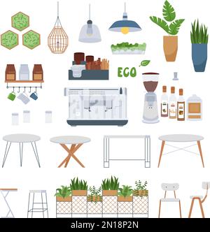 Modern eco cafe flat set of isolated icons with decorative plants tables chairs coffee making appliances vector illustration Stock Vector