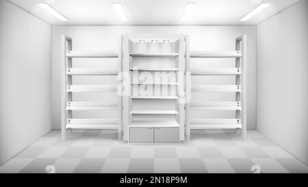 Shop interior in white color with three empty racks and ceiling lights realistic vector illustration Stock Vector