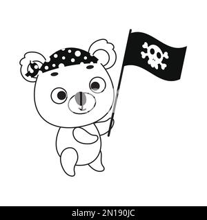 Coloring page cute little koala with pirate flag. Coloring book for kids. Educational activity for preschool years kids and toddlers with cute animal. Stock Vector