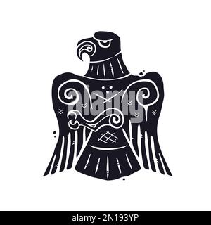 Black bird like falcon, hawk or eagle decorated with ornaments, runes and patterns vector illustration. Stock Vector