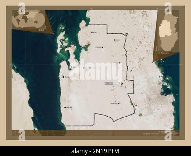 Al Shahaniya, municipality of Qatar. Low resolution satellite map. Locations and names of major cities of the region. Corner auxiliary location maps Stock Photo