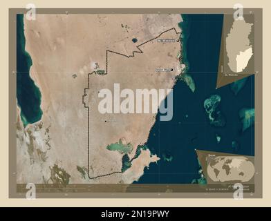 Al Wakrah, municipality of Qatar. High resolution satellite map. Locations and names of major cities of the region. Corner auxiliary location maps Stock Photo