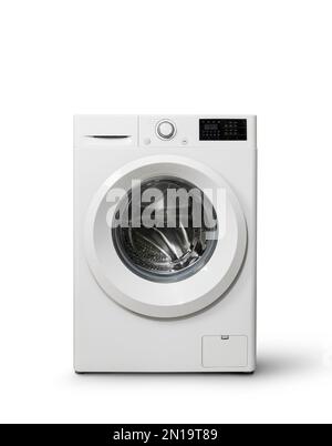 Washing machine front view on white backgroung. Stock Photo