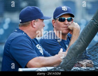 San Diego Padres pitching coach Ruben Niebla walks back to the dugout  during a baseball game against the Pittsburgh Pirates Tuesday, July 25,  2023, in San Diego. (AP Photo/Derrick Tuskan Stock Photo 