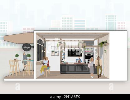 3d view of a coffee shop store or cafe store exterior building, outline ...