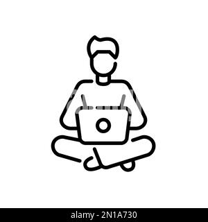 Remote worker. Man in comfortable clothes sitting with a laptop on his lap. Pixel perfect, editable stroke line Stock Vector