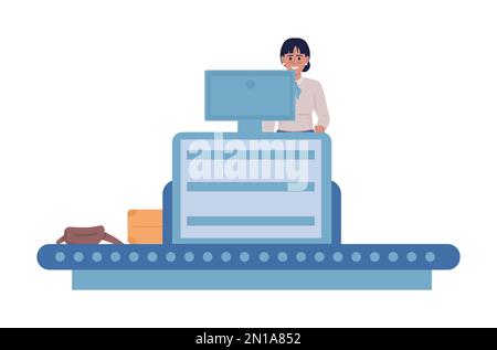 Female airline baggage handler with equipment semi flat color vector character Stock Vector