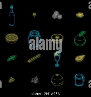 Mulled wine icons set. Isometric set of mulled wine vector icons neon on black isolated Stock Vector