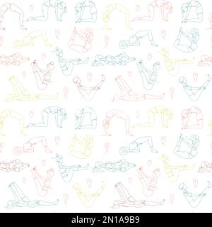 Seamless pattern with single line drawings of a girl sitting and ...