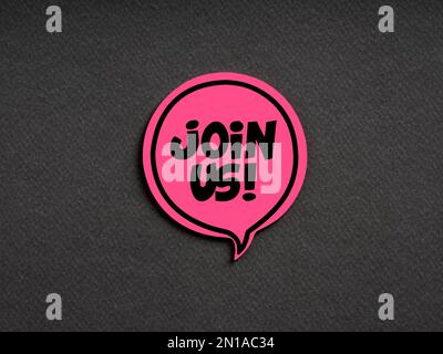 The word join us on pink speech bubble on black background. Business team membership, recruitment or, registration offer. Stock Photo