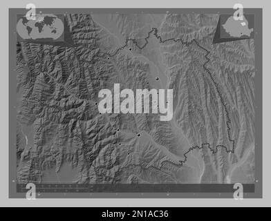 Bacau, county of Romania. Grayscale elevation map with lakes and rivers. Locations of major cities of the region. Corner auxiliary location maps Stock Photo