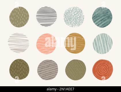 Fancy circles set. Hand drawn doodle textured and patterned elements. Stock Vector