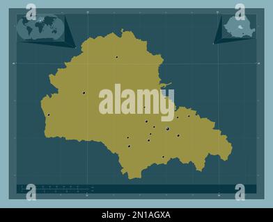 Brasov, county of Romania. Solid color shape. Locations of major cities of the region. Corner auxiliary location maps Stock Photo