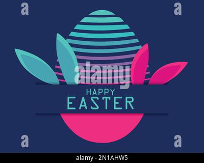Easter egg and bunny ears in a 80s futuristic style. Happy Easter banner in synthwave and retrowave style. Design for postcard, greeting card, poster. Stock Vector