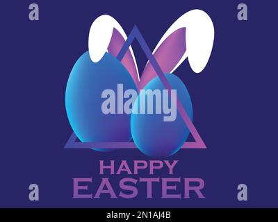 Happy easter. Two eggs and rabbit ears in 80s retro sci-fi style. Retro futuristic easter eggs in synthwave and retrowave style. Design for postcard, Stock Vector