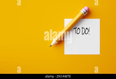 Pencil and a note paper with the message To Do List on yellow background. 3D render. Stock Photo