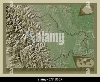 Neamt, county of Romania. Elevation map colored in wiki style with lakes and rivers. Corner auxiliary location maps Stock Photo