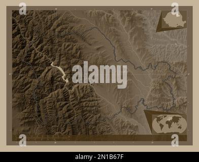 Neamt, county of Romania. Elevation map colored in sepia tones with lakes and rivers. Corner auxiliary location maps Stock Photo