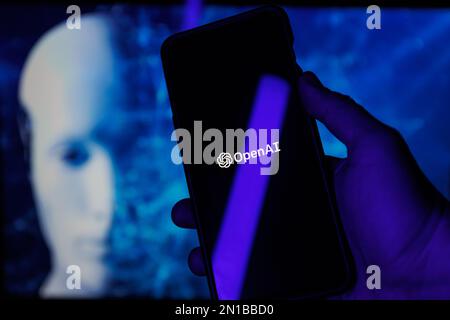 ChatGPT OpenAI logo on smartphone in conceptual Artificial intelligence futuristic background Stock Photo