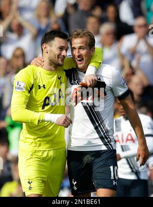 Tottenham Hotspur's goalkeeper captain Hugo Lloris, left, and Harry Kane celebrate together after the final whistle in their 4-1 win over Manchester City in the English Premier League soccer match between Tottenham Hotspur and Manchester City at White Hart Lane stadium in London, Saturday, Sept. 26, 2015. (AP Photo/Matt Dunham)