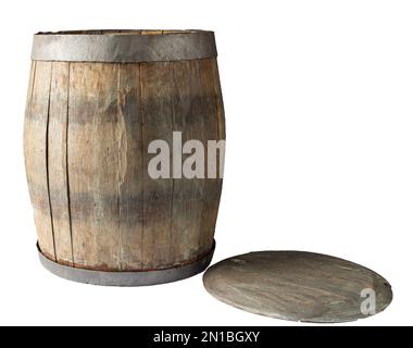 Old oak wine barrel and lid. Isolate on white background. Stock Photo