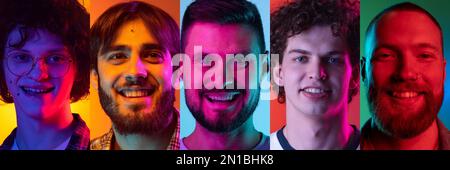 Collage made of happy smiling young men looking at camera with joyful facial expressions over multicolored background in neon light. Closeup portraits Stock Photo