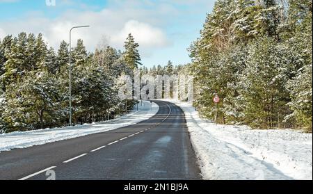 Winter landscape on a sunny day. Asphalt highway goes into a snowy pine forest. Stock Photo