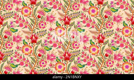 Beautiful floral romantic seamless pattern in Jacobean style.The ornament is also inspired by Mughal art.The design depicts a bunch of fantasy flowers Stock Vector