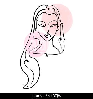 Simple, minimalist vector illustration of beautiful woman face. Line drawing With watercolor stains. Stock Vector