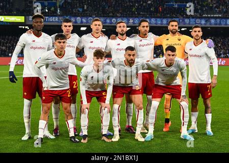 NAPLES, ITALY - JANUARY, 29: The AS Roma team is posing for the photograph before the Serie A match between SSC Napoli and AS Roma at Stadio Diego Arm Stock Photo