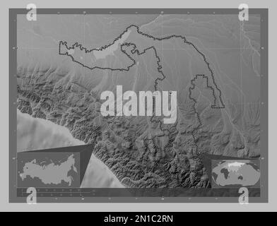 Adygey, republic of Russia. Grayscale elevation map with lakes and ...
