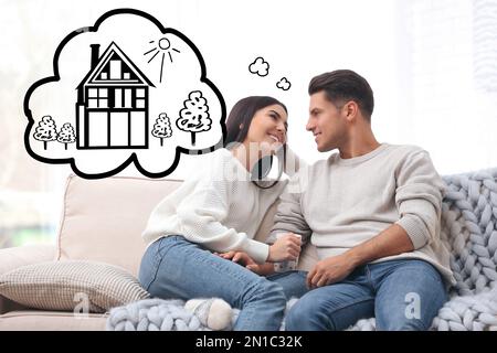 Lovely couple dreaming about new house. Illustration in thought bubble Stock Photo