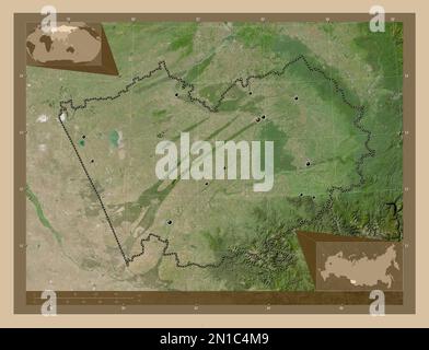 Altay, territory of Russia. Low resolution satellite map. Locations of major cities of the region. Corner auxiliary location maps Stock Photo